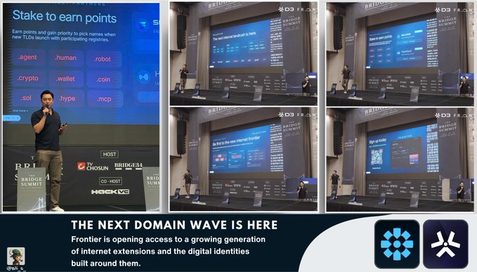 A collage of photos from a cryptocurrency/web3 conference called 'BRIDGE SUMMIT' showing a presentation titled 'Stake to earn points' and various slides about internet domains and digital identities, with a caption 'THE NEXT DOMAIN WAVE IS HERE' about Frontier internet extensions.