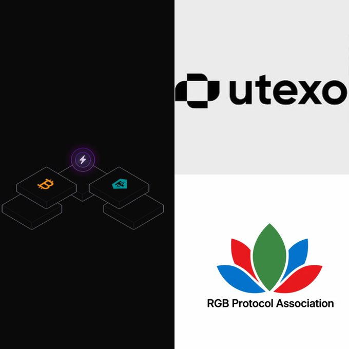 A split graphic showing crypto/network icons on a black background on the left and logos for "utexo" and "RGB Protocol Association" on the right.