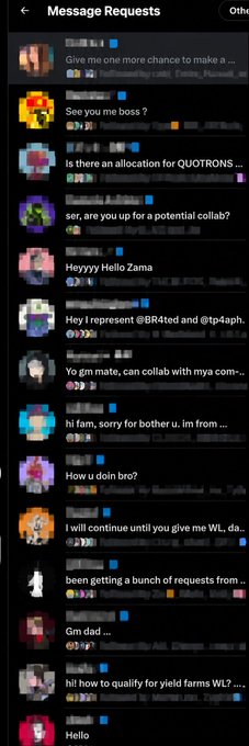 A screenshot of a smartphone's "Message Requests" inbox filled with dozens of unread collaboration pitches from Web3 and crypto projects, supporting the poster's claim of receiving over 300 DMs from around 141 communities in a single day. Visible requests include pitches from communities like "@BR4ted," "@tp4aph," and QUOTRONS, with subjects ranging from "See you me boss?" to "will continue until you give me WL" and "hi! how to qualify for yield farms WL?."