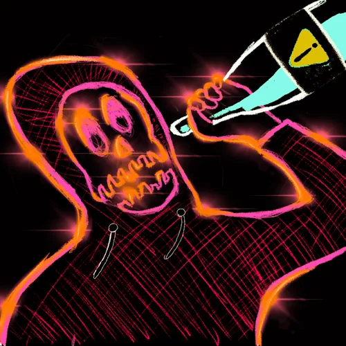 A neon pink and orange line-drawing of a hooded skull figure drinking from a yellow soda can with a biohazard symbol, holding a tablet against a black backdrop.