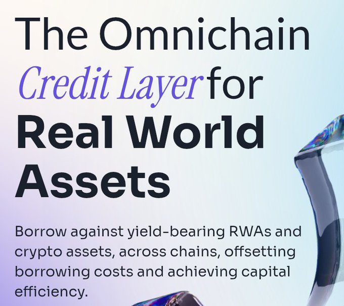 A promotional graphic with the text 'The Omnichain Credit Layer for Real World Assets,' explaining that users can 'Borrow against yield-bearing RWAs and crypto assets, across chains, offsetting borrowing costs and achieving capital efficiency.'