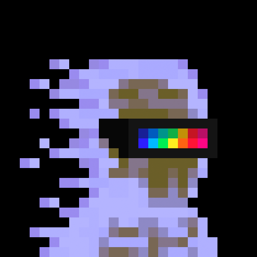 A pixel art character in light purple/blue armor with a glowing multicolored visor against a black background.