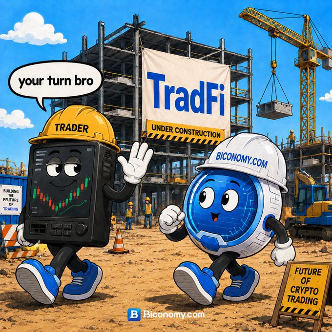 Cartoon illustration showing two characters at a construction site—one labeled 'TRADER' as a phone with a candlestick chart and another 'BICONOMY.COM' globe in a hard hat—next to a banner reading 'TradFi UNDER CONSTRUCTION', with signs stating 'BUILDING THE FUTURE OF TRADING' and 'FUTURE OF CRYPTO TRADING'.