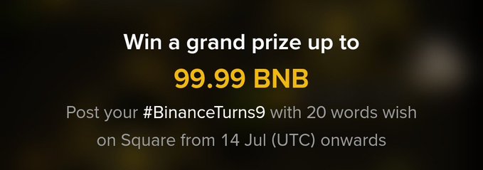 The image is a promotional banner announcing a Binance anniversary giveaway offering a grand prize of up to 99.99 BNB, inviting users to post a #BinanceTurns9 wish on Square from July 14 (UTC). It ties into the post celebrating the completion of all 9 Binance Landmarks and anticipation of winning the grand prize.