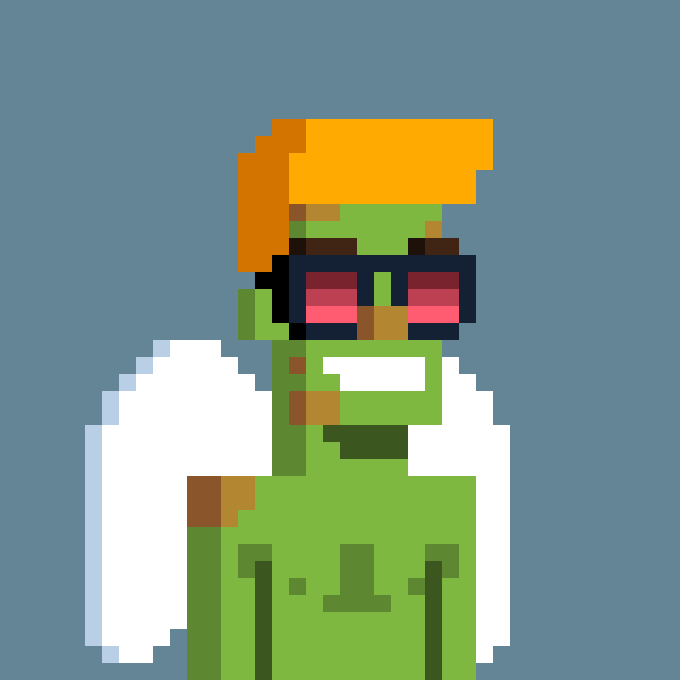 A pixel art portrait of a green-skinned zombie punk with bright orange hair, dark sunglasses, and a white jacket over a green shirt. The retro 8-bit style and rebellious aesthetic evoke the gritty, unpredictable energy of the post about a legendary punk arrival in the "10,000" collection.