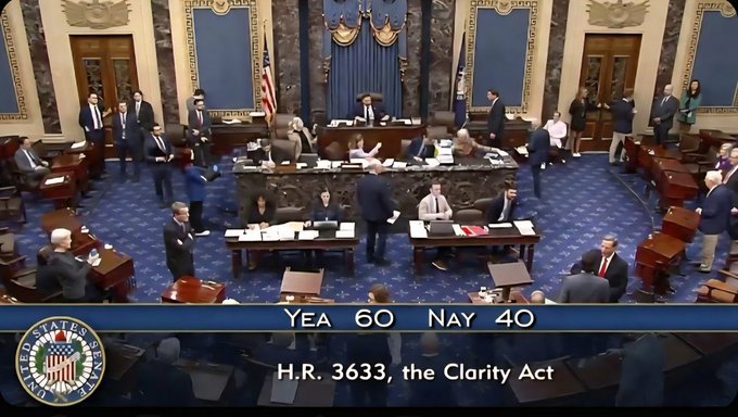 An aerial view shows the floor of the United States House of Representatives during a vote, with the on-screen graphic displaying "YEA 60 NAY 40" for "H.R. 3633, the Clarity Act."