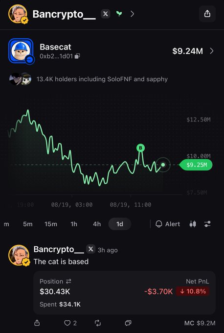 A screenshot from X shows user "Bancrypto__" posting about a $30.43K position in Basecat ($9.24M market cap), with the caption "The cat is based," highlighting a 10.8% loss, while the accompanying post references buying their first coin on Pumpfun and crediting Base and Cobie for the $BASECAT pick.