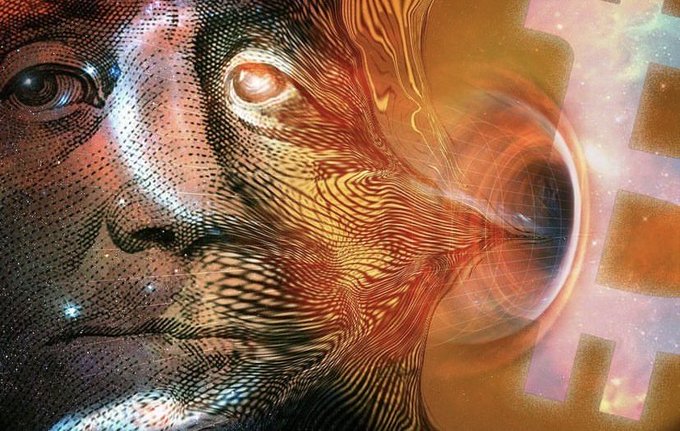 A digital art collage combining a face made of currency bill patterns with cosmic and technological imagery, including a Bitcoin symbol on the right side.