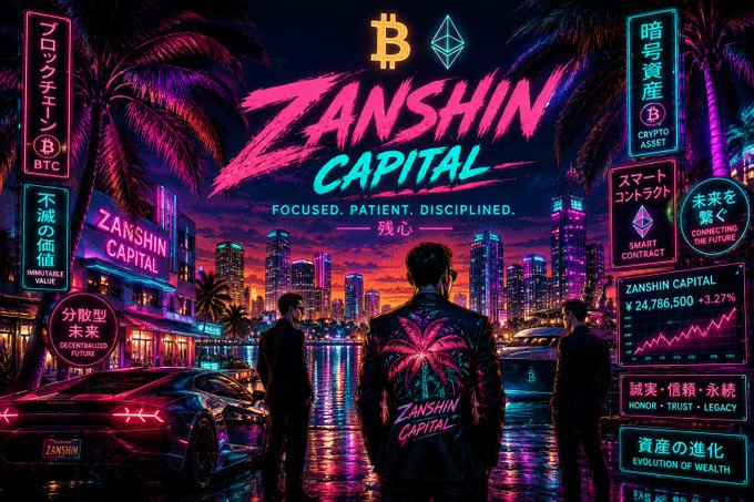 A neon-lit Miami skyline backdrop with the "ZANSHIN CAPITAL" logo (ticker ¥24,786,500 +3.27%) frames a figure in a flamingo-emblazoned jacket facing the city, with surrounding billboards promoting "プロジェクトイン BTC" (Project in BTC) and "暗号資産 CRYPTO ASSET"—evoking the meme-coin-driven retail attention and fresh capital the post anticipates as fuel for the crypto industry's next leg up.