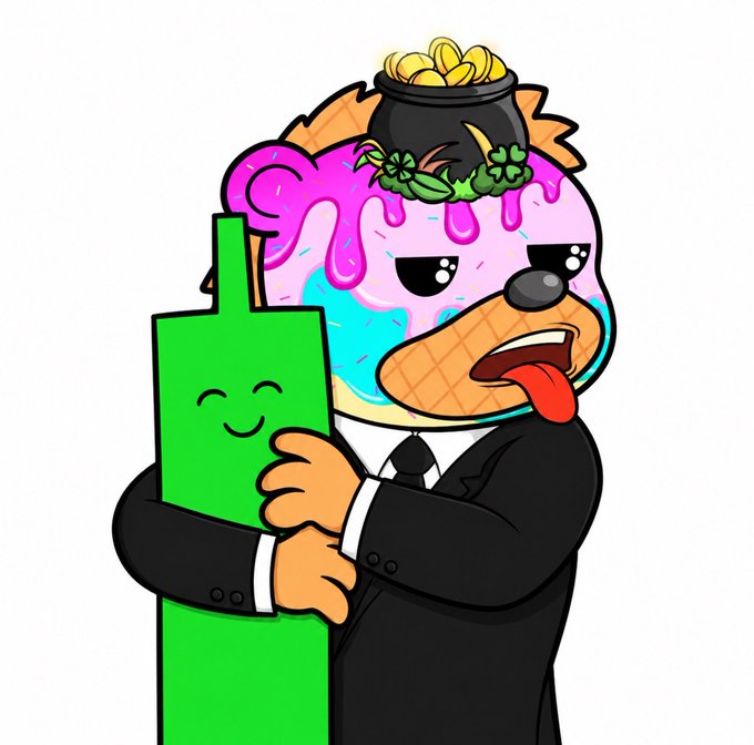 A cartoon illustration of a character with an ice cream cone head topped with pink syrup, a pot of gold, and clovers, wearing a suit while hugging a smiling green rectangular object.
