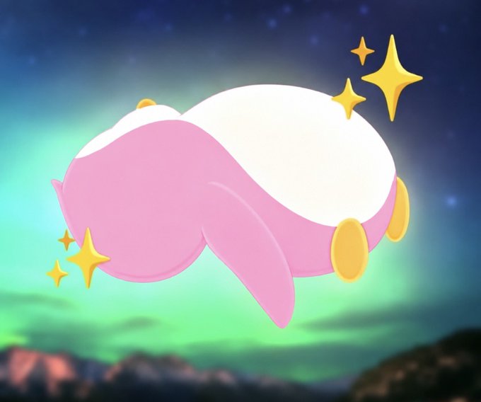 A pink and white cartoon whale-like creature with yellow fins and sparkles floats against a starry night sky with green aurora lights.