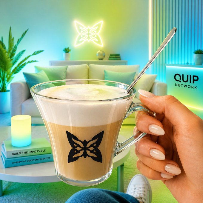 A stylized promotional image showing a hand holding a coffee cup with a butterfly logo, branded with 'QUIP NETWORK' alongside books titled 'BUILD THE IMPOSSIBLE' and 'WORLDWIDE QUANTUM COMPUTER' in a neon-lit room.