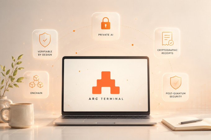 A laptop displaying the "ARC TERMINAL" logo sits on a desk surrounded by floating feature icons labeled "Private AI," "Cryptographic Receipts," "Post-Quantum Security," "Onchain," and "Verifiable by Design," visually reinforcing the post's emphasis on the project's foundational infrastructure and verifiable AI approach over headline-grabbing features.