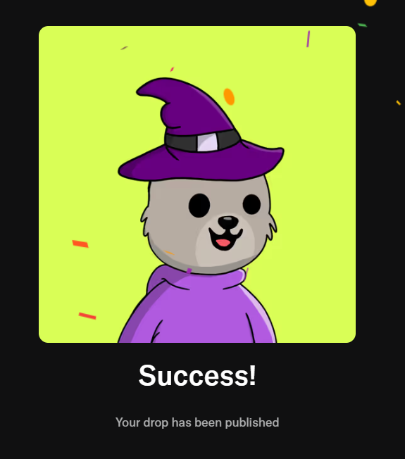 A 'Success!' notification screen featuring a cartoon character with a purple wizard hat, stating 'Your drop has been published'.