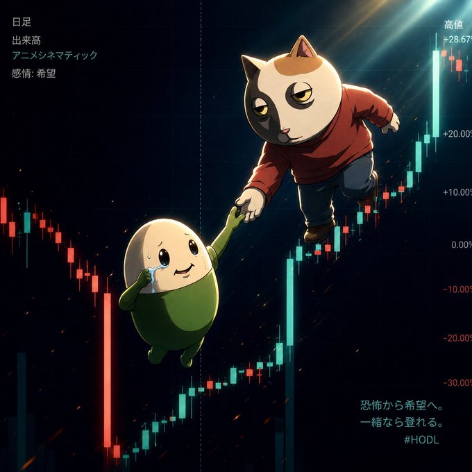 An anime-style cat in a red sweater helps pull a crying egg-like character up from a steep dip in a crypto candlestick chart, set against a backdrop of Japanese text reading "恐怖から希望へ。一緒なら登れる。" (From fear to hope. Together, we can climb) alongside "#HODL" and percentage values like "+28.67%" and "-30.00%." The image visually reinforces the post's message of community support by depicting the cat lifting a struggling member up through a market downturn, symbolizing how Solangeles helps each other rise together from fear toward hope.