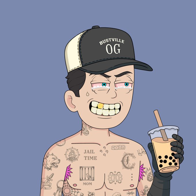 A cartoon-style NFT character of a tattooed man wearing a 'BUSTVILLE OG' cap, showing tattoos including 'JAIL TIME', a prison bar design, and 'MOM', while holding a bubble tea drink.