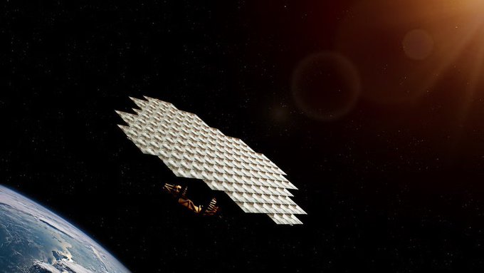 Digital artwork of a metallic, geometric-patterned satellite or spacecraft orbiting above Earth with sunlight flaring in the background.