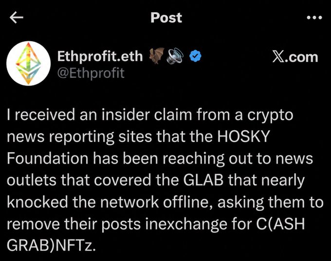 A screenshot of a post from X.com by user @Ethprofit stating: "I received an insider claim from a crypto news reporting sites that the HOSKY Foundation has been reaching out to news outlets... asking them to remove their posts inexchange for C(ASH GRAB)NFTz."
