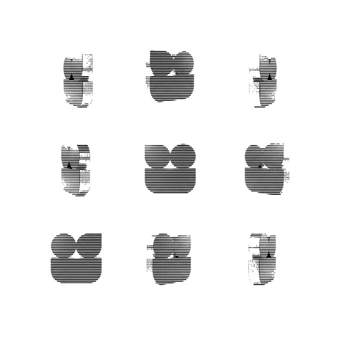 A set of black, abstract graphic logos arranged in a 3x3 grid, featuring horizontal striped patterns that suggest stylized letters or numbers.