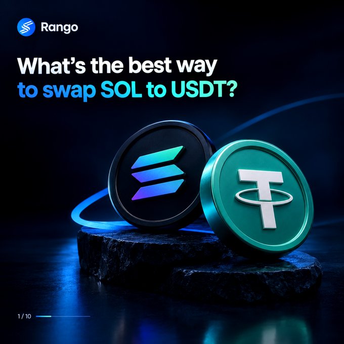 A promotional graphic for “Rango” asks, “What’s the best way to swap SOL to USDT?” and shows large Solana and Tether coin graphics with “1/10” at the bottom.