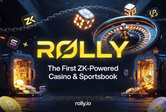 A promotional graphic for 'ROLLY' featuring a roulette wheel, glowing safes, and dice, with the tagline 'The First ZK-Powered Casino & Sportsbook' and website 'rolly.io'.