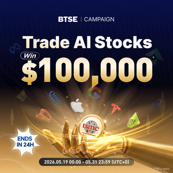 The image features a poster for an AI Futures Challenge with a gold trophy next to a person's arm holding a golden apple, surrounded by various other objects including a hand, a globe, and some logos. The text suggests that there are only 24 hours left before the campaign ends at 23:59 UTC and invites viewers to participate in the AI Futures Challenge for a share of $100K prize pool.