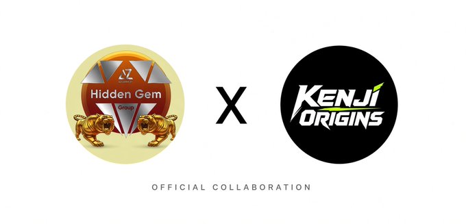 A promotional graphic declaring an 'OFFICIAL COLLABORATION' featuring the 'Hidden Gem Group' logo with two golden tigers and the 'KENJI ORIGINS' logo.