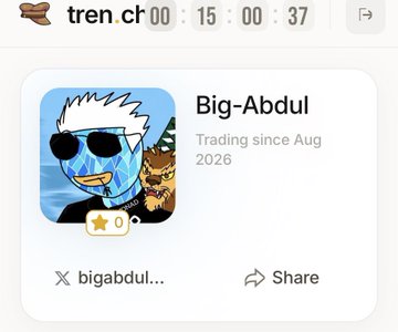 The image shows a profile page on tren.ch for "Big-Abdul," a trader since August 2026 with zero reviews, displaying a cartoon avatar of a sunglasses-wearing character alongside an X handle "bigabdulweb3" and a share button. This relates to the post's call to action, which promotes tren.ch as a new Solana-based meme coin launchpad and highlights @bigabdulweb3 as the X account to connect in order to participate in the potential airdrop ranging from 1 to 50 SOL.