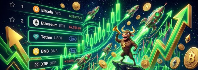 The image shows a cryptocurrency-themed illustration featuring a bull with horns on a mountain peak, rockets shooting upward, green candlestick charts, and rising green arrows, with a leaderboard listing Bitcoin (BTC) at $85,937.22, Ethereum (ETH) at $2,755.89, Tether (USDT), BNB, and XRP (XRP) down 0.07%. The bullish imagery of rockets, upward arrows, and the triumphant bull directly mirrors the post's celebration of Bitcoin's surge to $86K and the mass liquidation of $648M in short positions as BTC broke above its 50-week moving average.