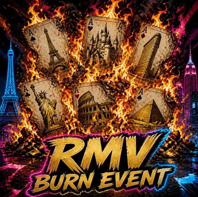 A vibrant graphic featuring six playing cards with landmarks (Eiffel Tower, castle, Flatiron Building, Statue of Liberty, Colosseum, and pyramid) set against flames, with the stylized text 'RMV BURN EVENT' displayed prominently.