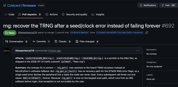 A GitHub pull request (#692) titled "rng: recover the TRNG after a seed/clock error instead of failing forever" is shown in the Coldcard/firmware repository, with developer Silexperience210 proposing a fix where a single hardware RNG error would permanently halt the device on a fatal error screen rather than allowing recovery—a serious flaw that could brick COLDCARD devices running the emergency firmware hotfix.