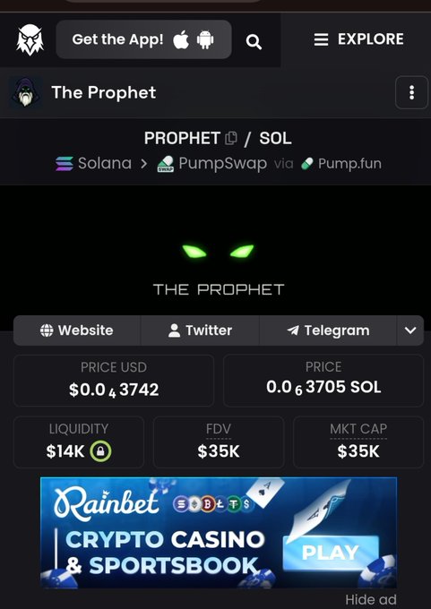 A cryptocurrency tracking webpage displaying "The Prophet" token (PROPHET/SOL) on Solana via PumpSwap and Pump.fun, showing a price of $0.043742 (0.063705 SOL) with a market cap and FDV of $35K and liquidity of $14K.