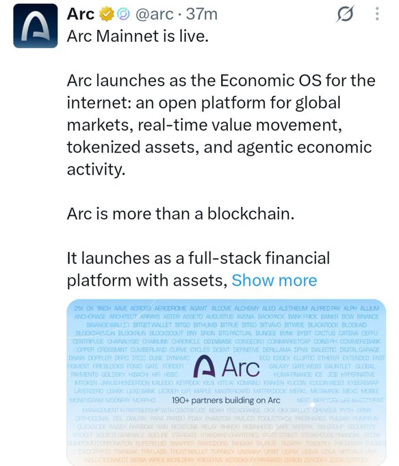 A tweet from @arc announcing 'Arc Mainnet is live,' describing it as an Economic OS for the internet and a full-stack financial platform, with the 190+ partners graphic attached.