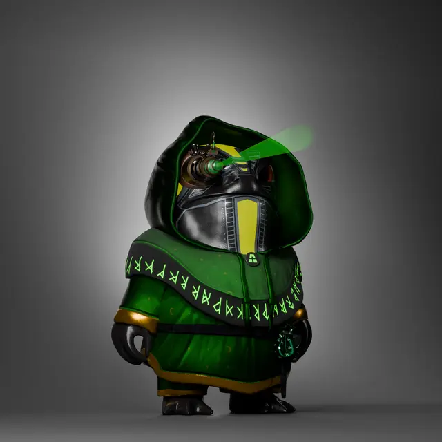 A 3D-rendered character figure in a green hooded robe with yellow accents, glowing green eyes, and runic symbols along the hem, set against a dark grey background.