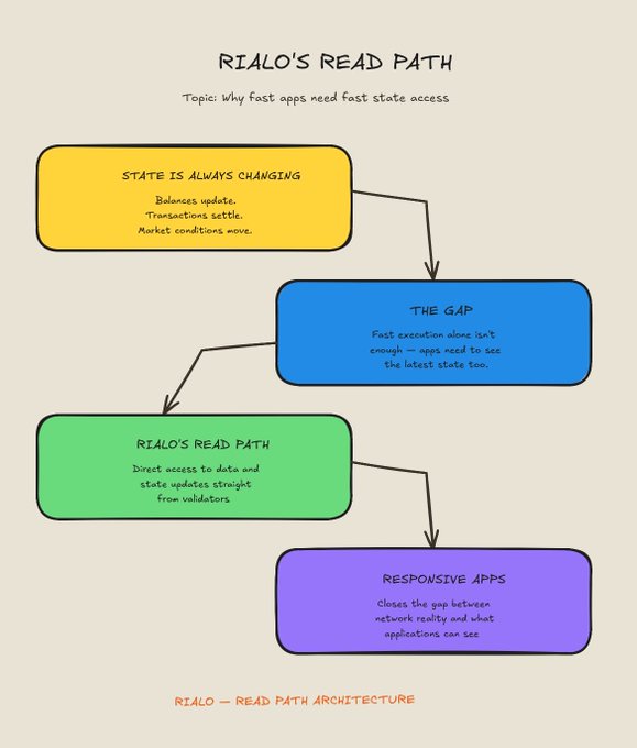 A hand-drawn flowchart titled 'RIALO'S READ PATH' explaining why fast apps need fast state access, with four colored boxes (yellow, blue, green, purple) connected by arrows describing state changes, the gap in execution, Rialo's solution, and responsive apps.