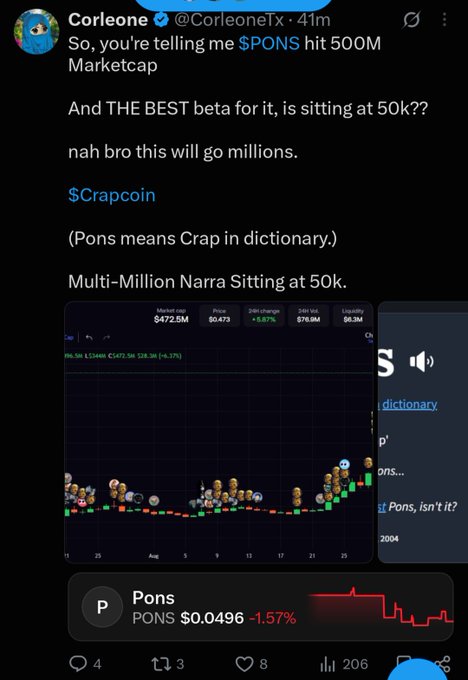 The image shows a tweet from @CorleoneTx questioning how $PONS hit a $472.5M market cap while a related token called $Crapcoin ("Pons" means "crap" in dictionary) sits at just $50K. The post connects to the headline about Solana arriving on Robinhood by highlighting how low-cap "joke" coins on Solana remain underpriced despite major ecosystem milestones.