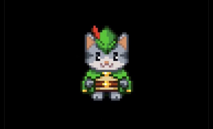 A pixel art character resembling a gray and white cat wearing green armor and a leaf headpiece stands against a black background.