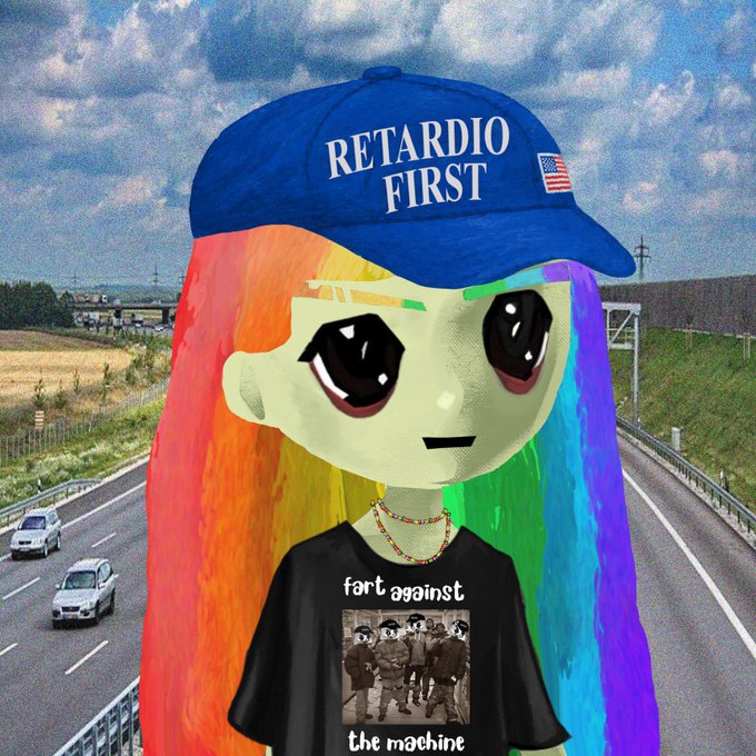 A digital artwork of a stylized character with rainbow-colored hair wearing a blue cap reading 'RETARDIO FIRST' with an American flag, and a black shirt saying 'fart against the machine' with a vintage group photo, set against a highway background.