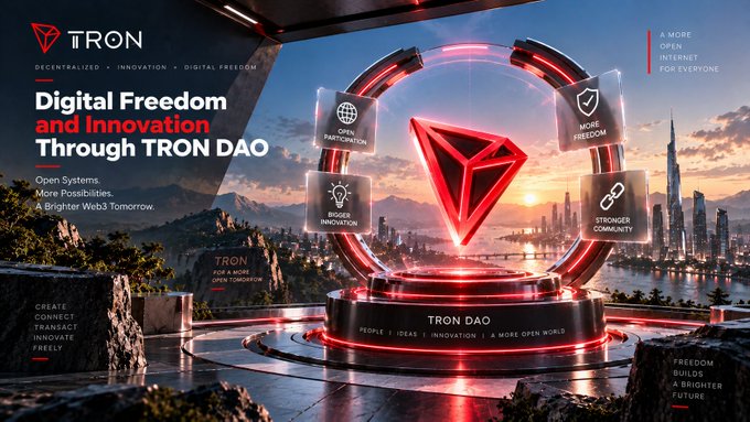 A promotional banner for TRON DAO featuring a glowing red TRON symbol surrounded by pillars labeled "Open Participation," "Bright Innovation," "More Freedom," and "Stronger Community," with the tagline "Digital Freedom and Innovation Through TRON DAO."