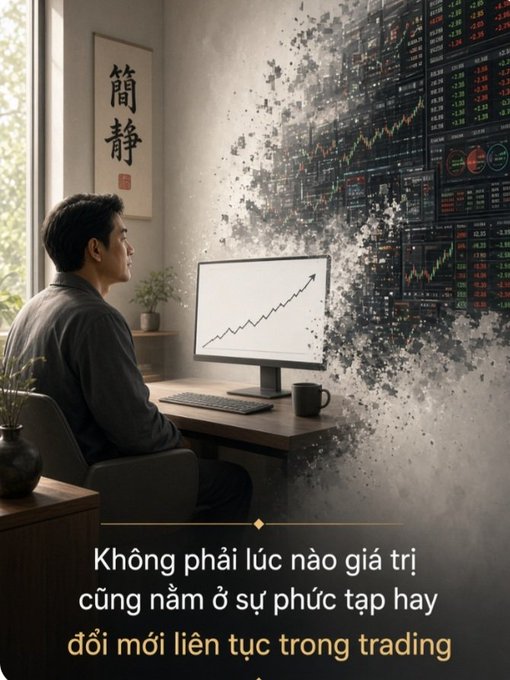 A composite image shows a man sitting calmly at a computer displaying a rising line graph, juxtaposed with chaotic trading charts dissolving into dust, accompanied by the Vietnamese text 'Không phải lúc nào giá trị cũng nằm ở sự phức tạp hay đổi mới liên tục trong trading'.