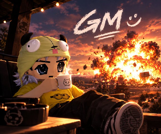 An anime-style character in a yellow hoodie with a cute monster hat calmly sips tea while a massive explosion erupts in the background, with 'GM' drawn in the sky.