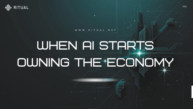 A promotional banner for 'RITUAL.NET' with the tagline 'WHEN AI STARTS OWNING THE ECONOMY' set against a dark, futuristic cityscape background.
