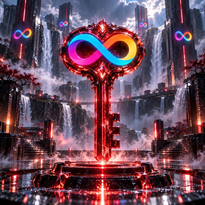 A digital artwork featuring a glowing infinity symbol inside an ornate red key design, set against a futuristic cyberpunk cityscape with neon infinity symbols in the background.