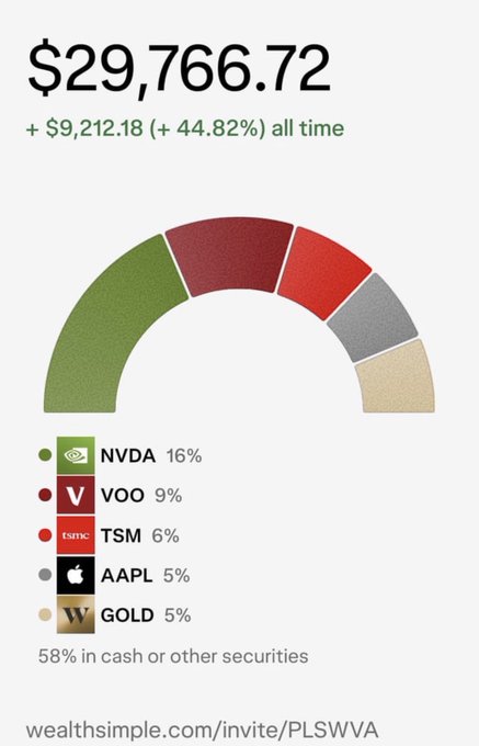 WealthSimple investment portfolio showing $29,766.72 total value with +$9,212.18 (+44.82%) all-time gains, featuring holdings in NVDA 16%, VOO 9%, TSM 6%, AAPL 5%, and GOLD 5%, with 58% in cash or other securities.