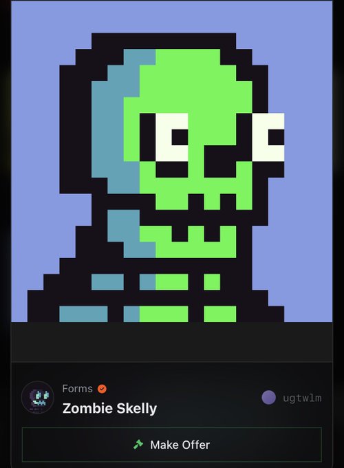 A digital marketplace listing titled 'Zombie Skelly' shows a pixelated green skeleton with large white pixel eyes against a blue background, with a 'Make Offer' button beneath.