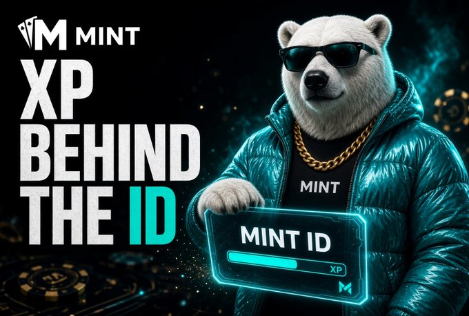 A polar bear mascot wearing sunglasses, a teal puffer jacket, and a "MINT" gold chain holds a glowing "MINT ID" progress card, alongside text reading "MINT XP BEHIND THE ID"—visually reinforcing the post's message that the whitelist entry is tied to a verified MINT ID connected to Season 1 XP and rank.