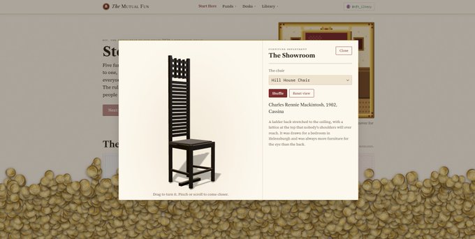 A screenshot from The Met's website shows 'The Showroom' displaying the Hill House Chair designed by Charles Rennie Mackintosh in 1902, with a pile of gold coins decorating the bottom edge.