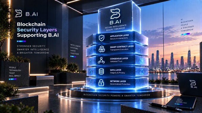 A digital promotional graphic for 'B.AI' titled 'Blockchain Security Layers Supporting B.AI', showing a stacked tower graphic detailing layers like 'APPLICATION LAYER', 'SMART CONTRACT LAYER', and 'CONSENSUS LAYER' against a city skyline.