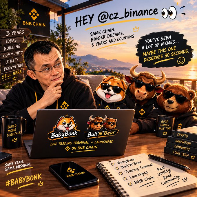 A promotional image for BNB Chain featuring Changpeng Zhao (CZ) with cartoon dog characters, showing 'BabyBonk' and 'Bull'N'Bear' branded laptop, with text 'HEY @cz_binance' and '#BABYBONK'.