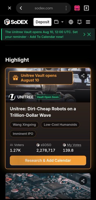 The image shows a screenshot from SoDEX.com highlighting an upcoming "Unitree Vault" opening on August 10, featuring low-cost humanoid robots with tags like "Imminent IPO" and "Cheap Humanoids," alongside stats showing 1.27K voters and 2,278,717 SOSO tokens. This relates to the post by showcasing a trending RWA research opportunity on the SoDEX platform, where users can engage with featured projects like Unitree to potentially earn rewards like the $CMXT airdrop mentioned.